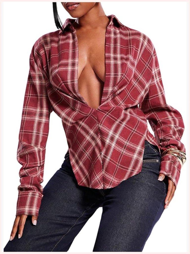 Plaid V Neck Collared Blouse Ruched Long Sleeve Casual Shirt Tops